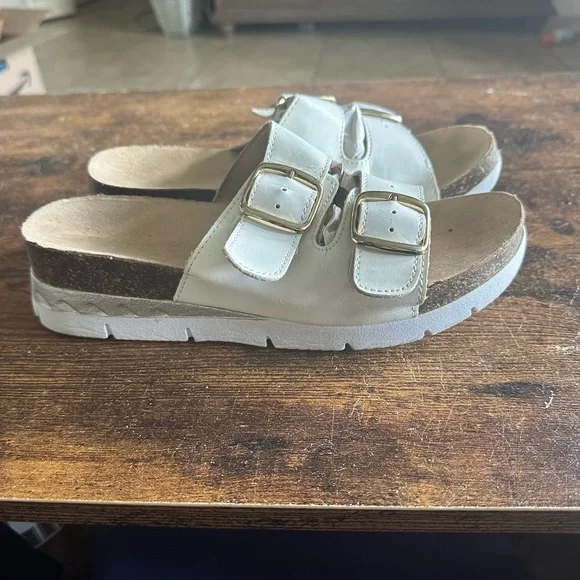 Rialto Womens Farina Sandals 8.5 White Slip On Slides Comfy Cork Wedge Platform - Picture 4 of 11